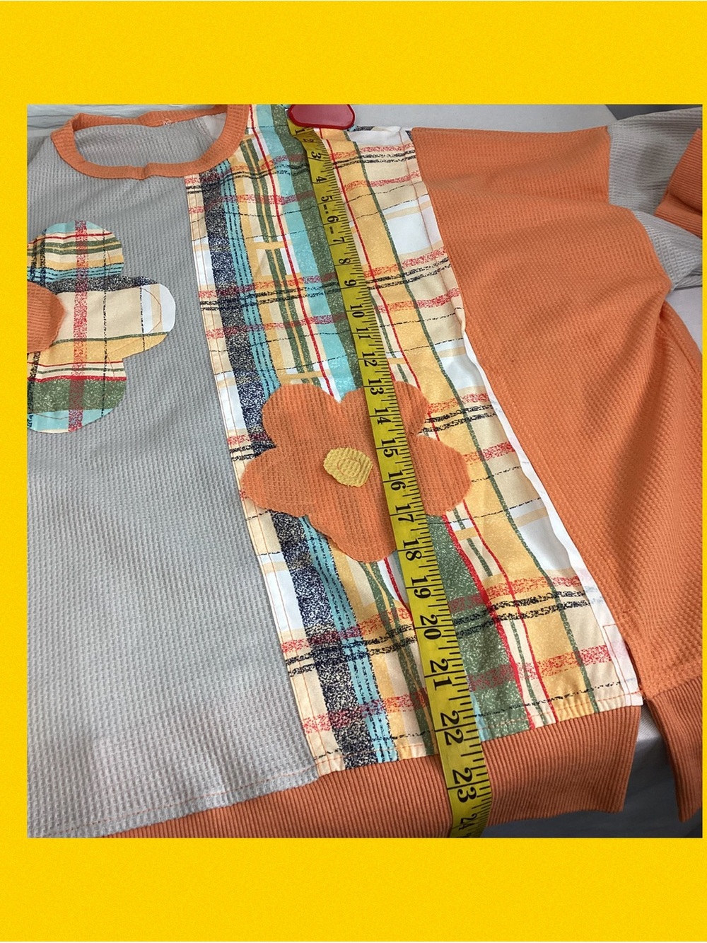 Patchwork Plaid Floral Appliqué Pullover - Sage, Mustard & Rust oversized top.33 - Picture 4 of 7